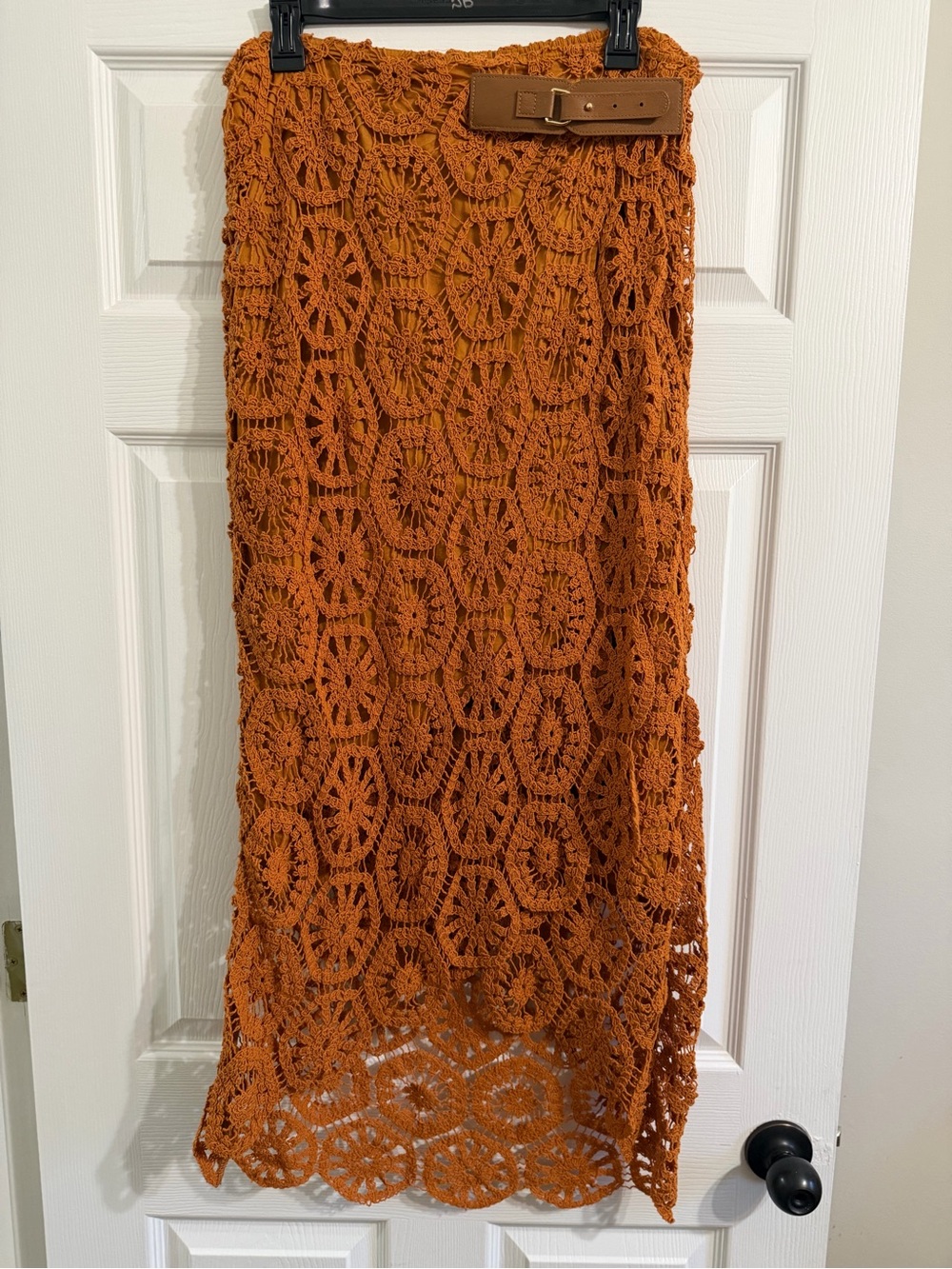 Soft Surroundings Orange Crochet Maxi Skirt with Tan Belt